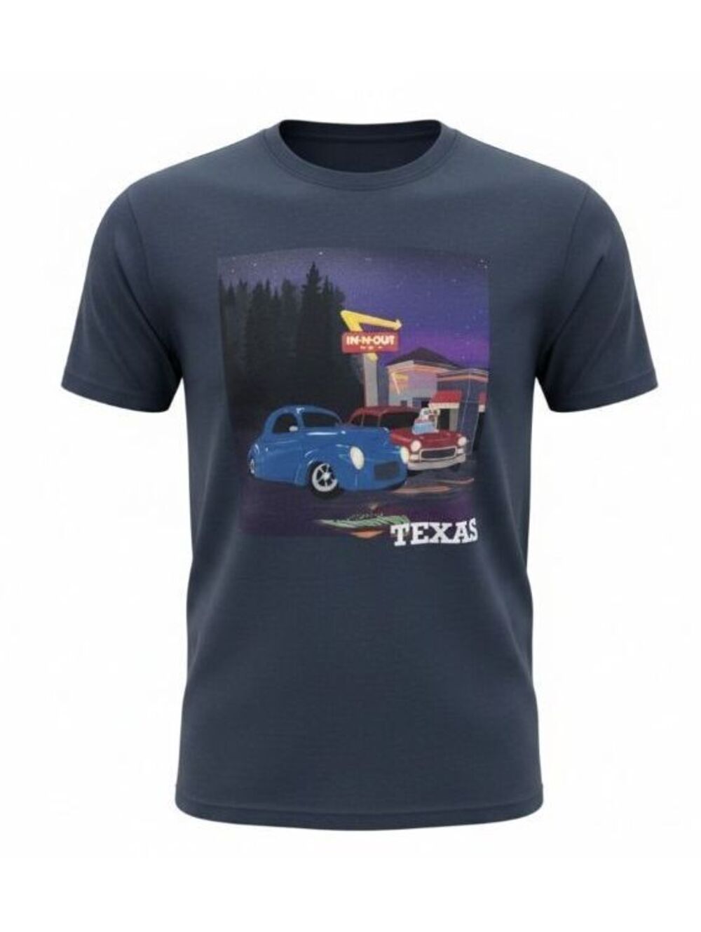 In-N-Out Burger Texas Shirt Blue Graphic Tee Classic Cars Mens Size Medium M